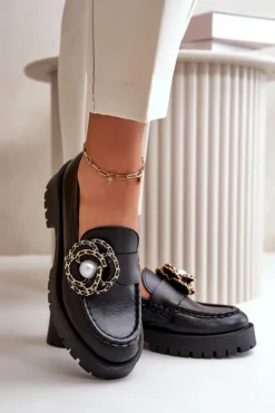 CheBello Mokasyny Damskie Skórzane*Skórzane Mokasyny Damskie Ozdobione Kwiatkiem Czarne 4520