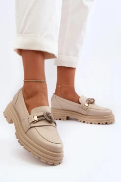 Damskie Laura Messi Skórzane Mokasyny Damskie Z Ozdobą 2780 Beżowe