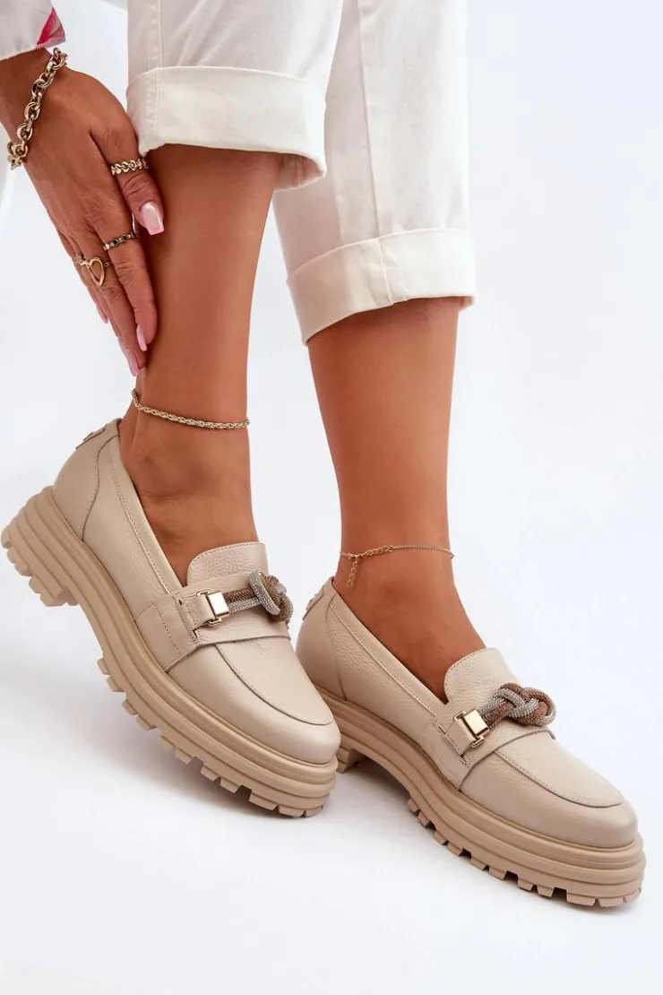 Damskie Laura Messi Skórzane Mokasyny Damskie Z Ozdobą 2780 Beżowe