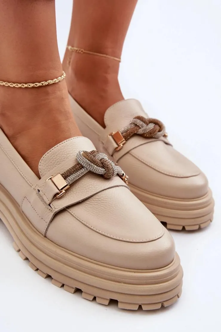 Damskie Laura Messi Skórzane Mokasyny Damskie Z Ozdobą 2780 Beżowe