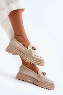 Damskie Laura Messi Skórzane Mokasyny Damskie Z Ozdobą 2780 Beżowe