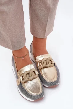 Damskie Damskie buty S.Barski Skórzane Mokasyny Damskie Z Ozdobą D&A LR51-966 Złote