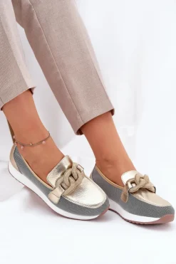 Damskie Damskie buty S.Barski Skórzane Mokasyny Damskie Z Ozdobą D&A LR51-966 Złote