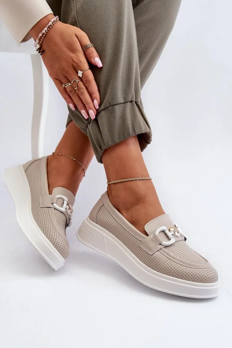 Damskie buty S.Barski Loafersy Damskie|Mokasyny Damskie Skórzane*Skórzane Mokasyny Damskie Na Platformie Beżowe S.Barski LR720 Beżowy