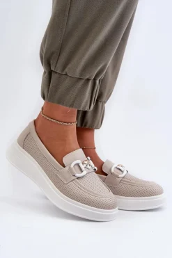 Damskie buty S.Barski Loafersy Damskie|Mokasyny Damskie Skórzane*Skórzane Mokasyny Damskie Na Platformie Beżowe S.Barski LR720 Beżowy