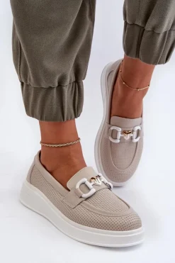 Damskie buty S.Barski Loafersy Damskie|Mokasyny Damskie Skórzane*Skórzane Mokasyny Damskie Na Platformie Beżowe S.Barski LR720 Beżowy