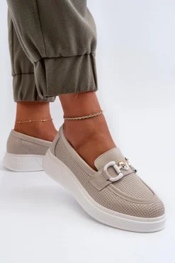 Damskie buty S.Barski Loafersy Damskie|Mokasyny Damskie Skórzane*Skórzane Mokasyny Damskie Na Platformie Beżowe S.Barski LR720 Beżowy