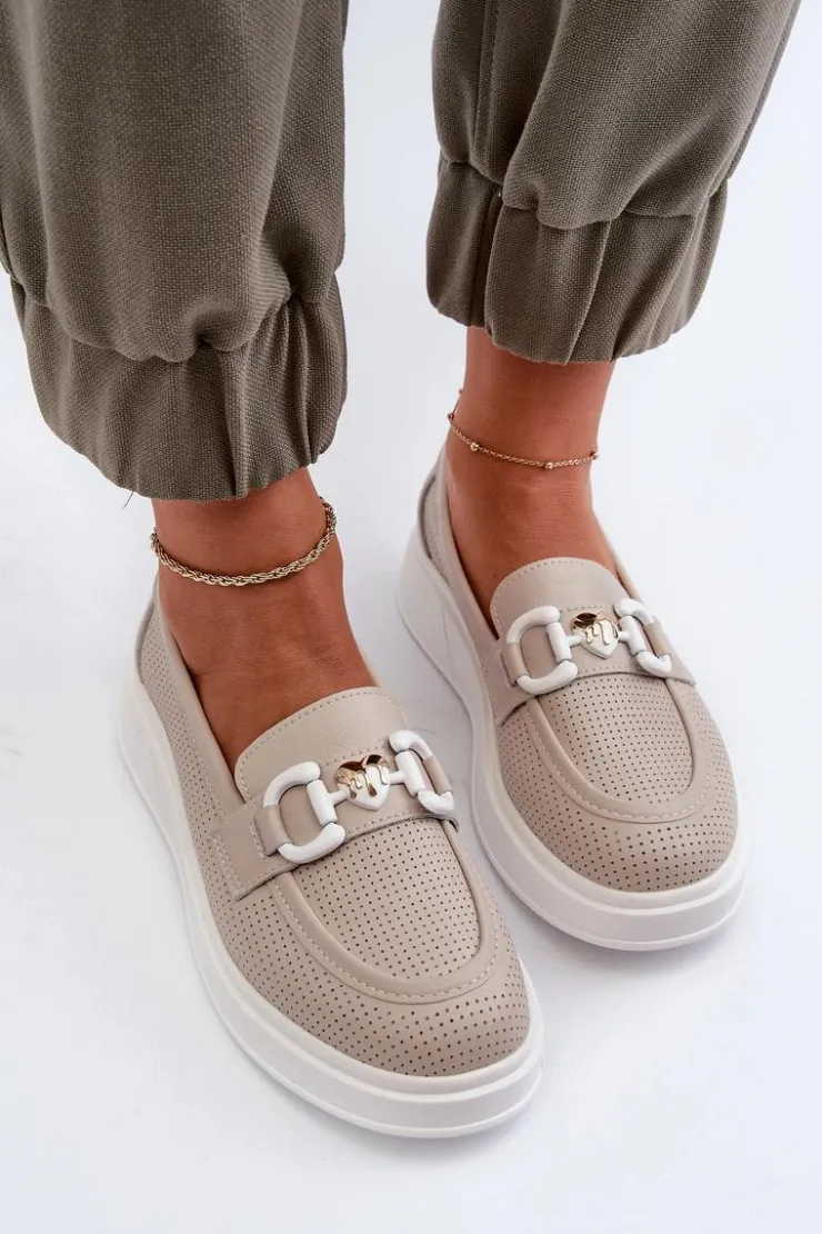 Damskie buty S.Barski Loafersy Damskie|Mokasyny Damskie Skórzane*Skórzane Mokasyny Damskie Na Platformie Beżowe S.Barski LR720 Beżowy