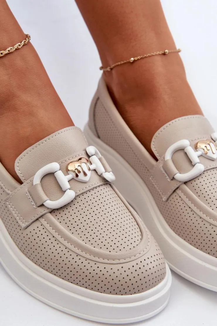 Damskie buty S.Barski Loafersy Damskie|Mokasyny Damskie Skórzane*Skórzane Mokasyny Damskie Na Platformie Beżowe S.Barski LR720 Beżowy