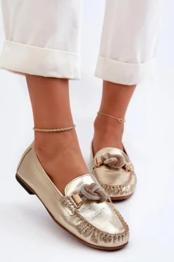Laura Messi Loafersy Damskie|Mokasyny Płaskie*Skórzane Mokasyny Damskie Z Ozdobą 2761 Złote
