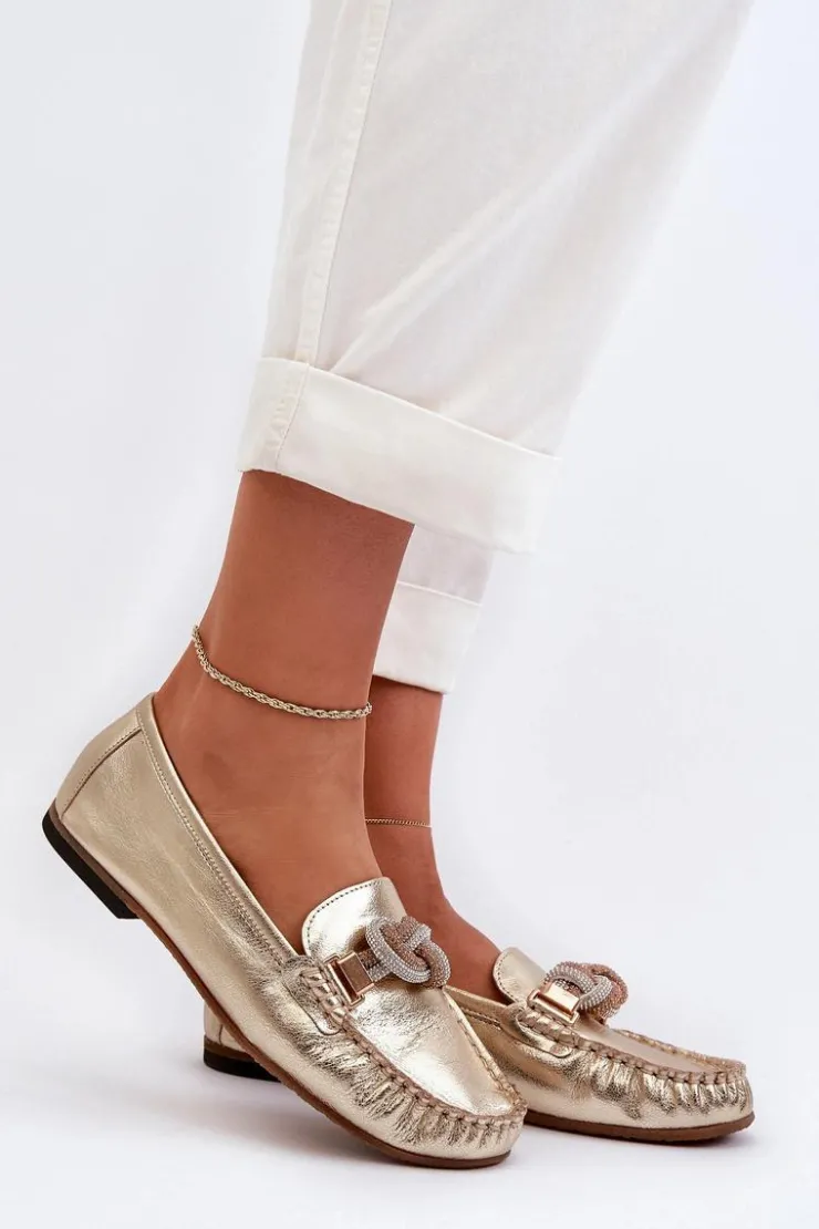 Laura Messi Loafersy Damskie|Mokasyny Płaskie*Skórzane Mokasyny Damskie Z Ozdobą 2761 Złote