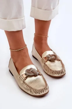 Laura Messi Loafersy Damskie|Mokasyny Płaskie*Skórzane Mokasyny Damskie Z Ozdobą 2761 Złote