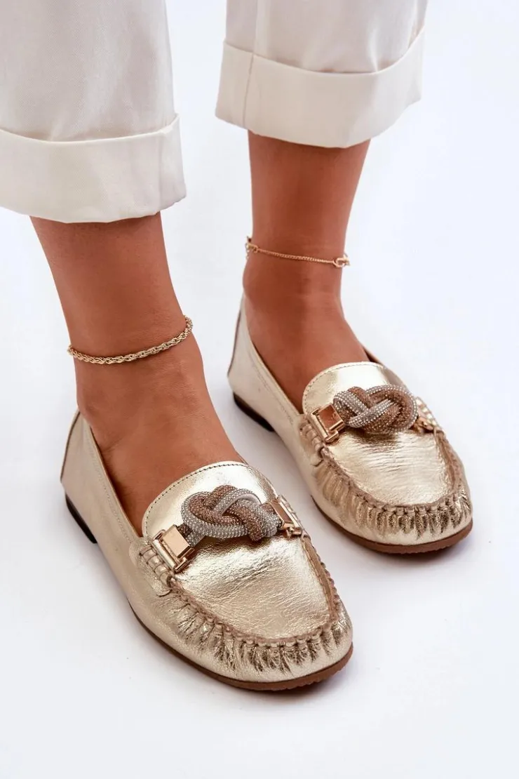 Laura Messi Loafersy Damskie|Mokasyny Płaskie*Skórzane Mokasyny Damskie Z Ozdobą 2761 Złote