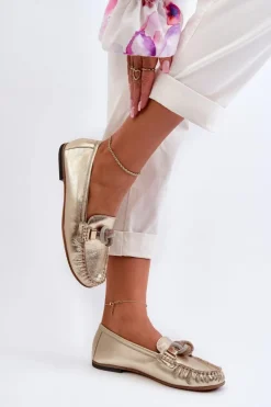 Laura Messi Loafersy Damskie|Mokasyny Płaskie*Skórzane Mokasyny Damskie Z Ozdobą 2761 Złote