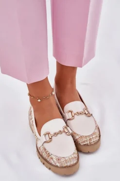 Sale Laura Messi Skórzane Mokasyny Damskie Ze Złotym Detalem 2938 Jasnobeżowe