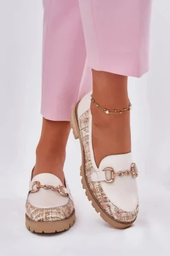 Sale Laura Messi Skórzane Mokasyny Damskie Ze Złotym Detalem 2938 Jasnobeżowe