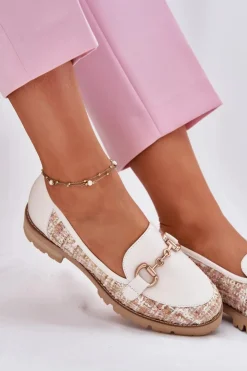 Sale Laura Messi Skórzane Mokasyny Damskie Ze Złotym Detalem 2938 Jasnobeżowe