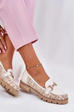 Sale Laura Messi Skórzane Mokasyny Damskie Ze Złotym Detalem 2938 Jasnobeżowe