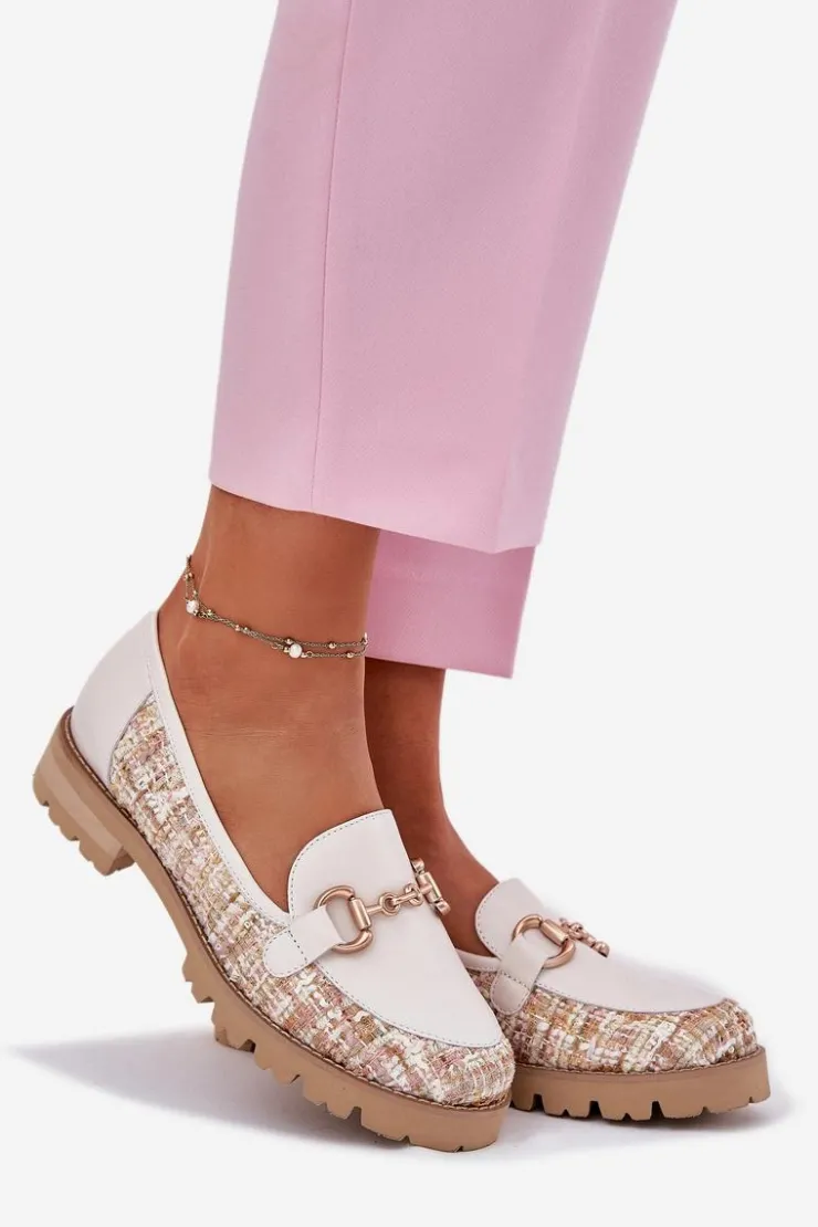 Sale Laura Messi Skórzane Mokasyny Damskie Ze Złotym Detalem 2938 Jasnobeżowe