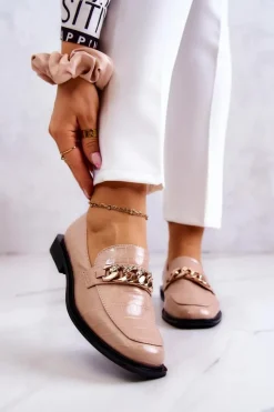 New Damskie buty S.Barski Skórzane Mokasyny Loafery Z Łańcuchem Beżowe Killen