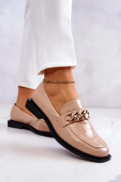 New Damskie buty S.Barski Skórzane Mokasyny Loafery Z Łańcuchem Beżowe Killen