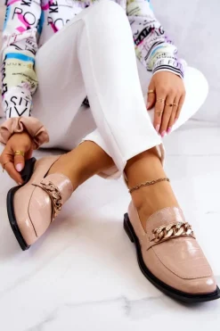 New Damskie buty S.Barski Skórzane Mokasyny Loafery Z Łańcuchem Beżowe Killen