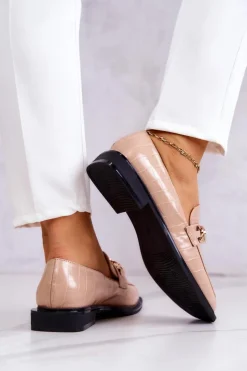 New Damskie buty S.Barski Skórzane Mokasyny Loafery Z Łańcuchem Beżowe Killen