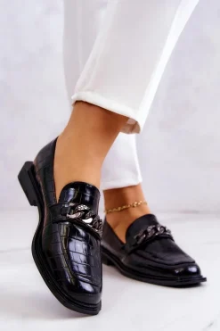 Online Damskie buty S.Barski Skórzane Mokasyny Loafery Z Łańcuchem Czarne Killen