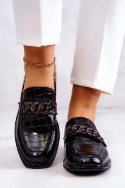 Online Damskie buty S.Barski Skórzane Mokasyny Loafery Z Łańcuchem Czarne Killen