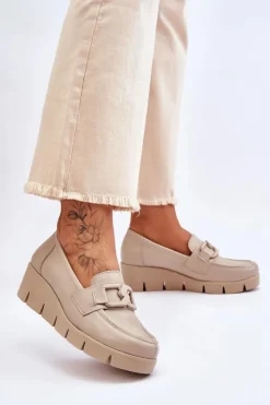 Best Boto Skórzane Mokasyny Na Koturnie Beżowe Lemar Felicita Beżowy