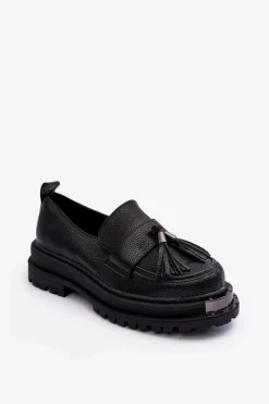 Damskie Boto Skórzane Mokasyny Na Platformie I Płaskim Obcasie Czarne Jorne