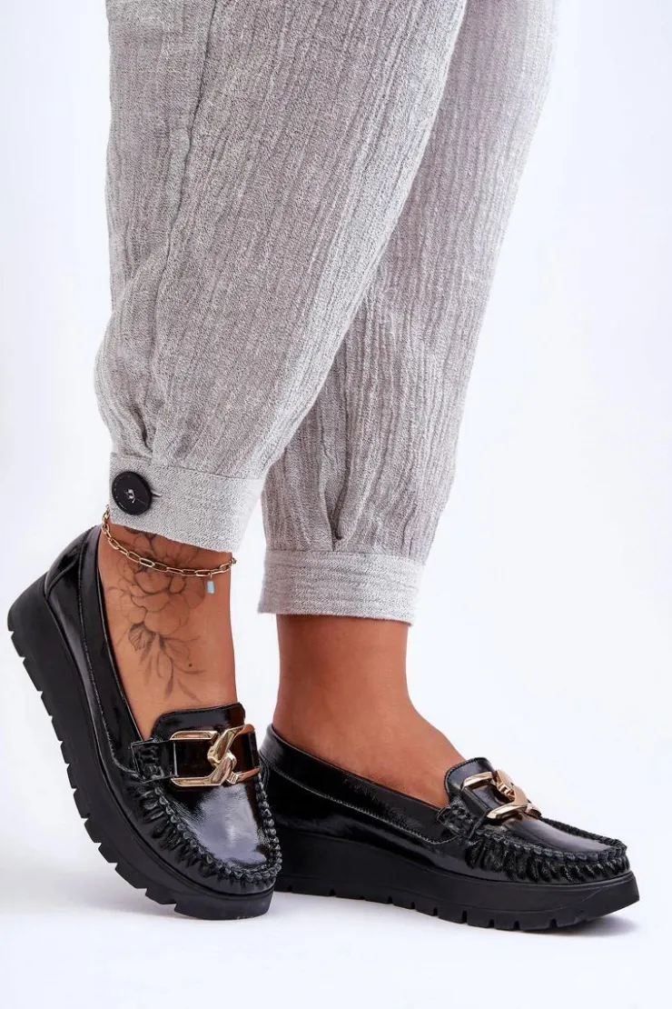 Damskie Zazoo Skórzane Mokasyny Na Platformie Z Ozdobą Czarne Lemar Desmond
