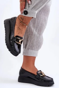 Damskie Zazoo Skórzane Mokasyny Na Platformie Z Ozdobą Czarne Lemar Desmond