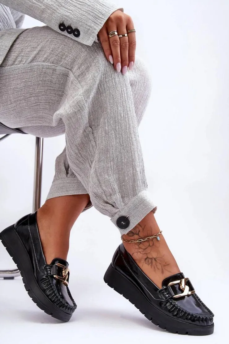 Damskie Zazoo Skórzane Mokasyny Na Platformie Z Ozdobą Czarne Lemar Desmond