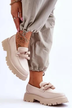 Damskie Big Star Shoes Skórzane Mokasyny Półbuty Big Star LL274581 Beżowe