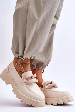 Damskie Big Star Shoes Skórzane Mokasyny Półbuty Big Star LL274581 Beżowe