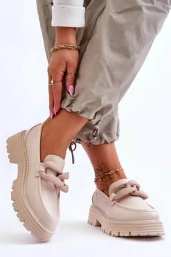 Damskie Big Star Shoes Skórzane Mokasyny Półbuty Big Star LL274581 Beżowe