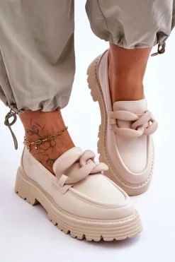 Damskie Big Star Shoes Skórzane Mokasyny Półbuty Big Star LL274581 Beżowe