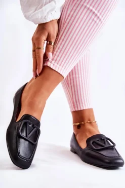 Hot Boto Skórzane Mokasyny Półbuty Z Ozdobą Czarne Hermosa