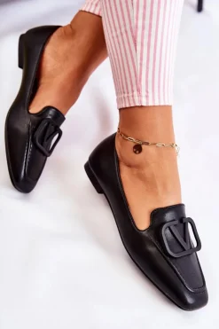 Hot Boto Skórzane Mokasyny Półbuty Z Ozdobą Czarne Hermosa