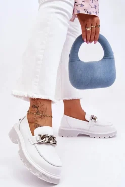 Damskie GOE Skórzane Mokasyny Z Łańcuchem LL2N4038 Białe