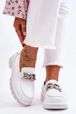 Damskie GOE Skórzane Mokasyny Z Łańcuchem LL2N4038 Białe