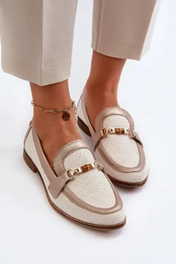 Maciejka Loafersy Damskie|Półbuty Skórzane*Skórzane Mokasyny Z Ozdobą Złote 06442-25 Złote