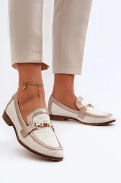 Maciejka Loafersy Damskie|Półbuty Skórzane*Skórzane Mokasyny Z Ozdobą Złote 06442-25 Złote