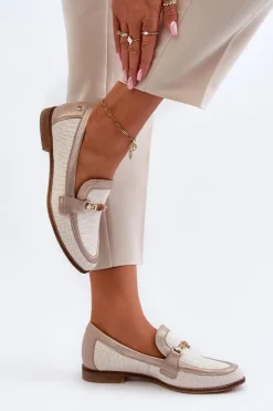 Maciejka Loafersy Damskie|Półbuty Skórzane*Skórzane Mokasyny Z Ozdobą Złote 06442-25 Złote