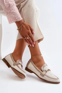 Maciejka Loafersy Damskie|Półbuty Skórzane*Skórzane Mokasyny Z Ozdobą Złote 06442-25 Złote