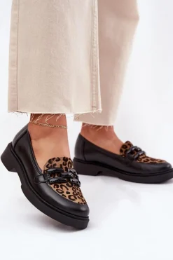 Laura Messi Loafersy Damskie|Mokasyny Płaskie*Skórzane Mokasyny Z Ozdobą I Panterką 2965 Czarne