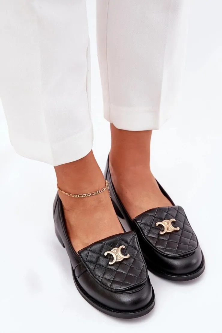 Clearance Laura Messi Skórzane Mokasyny Ze Złotą Ozdobą 2927 Czarne