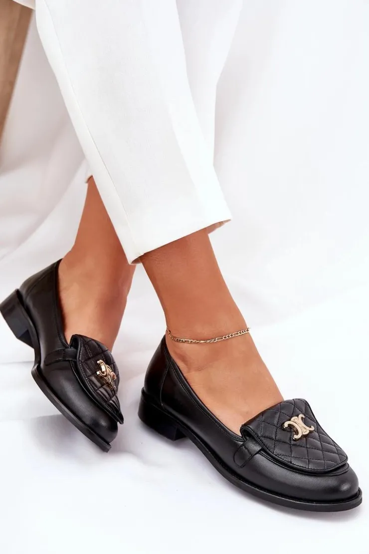 Clearance Laura Messi Skórzane Mokasyny Ze Złotą Ozdobą 2927 Czarne