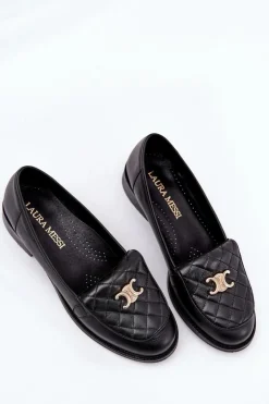Clearance Laura Messi Skórzane Mokasyny Ze Złotą Ozdobą 2927 Czarne